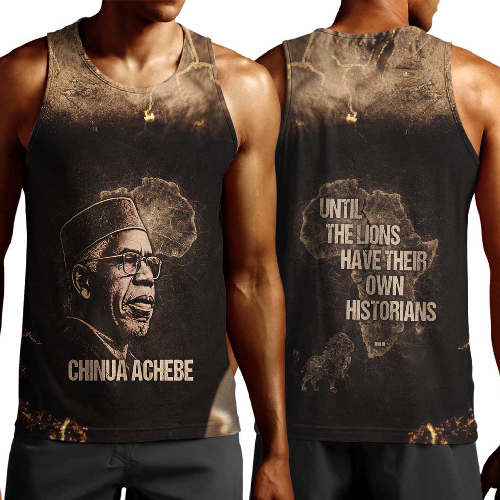 Chinua Achebe Men Tank Top with Sepia Portrait, Lion Historians Quote and Vintage African Map - African Pride