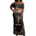 Chinua Achebe Off Shoulder Maxi Dress with Sepia Portrait, Lion Historians Quote and Vintage African Map - African Pride