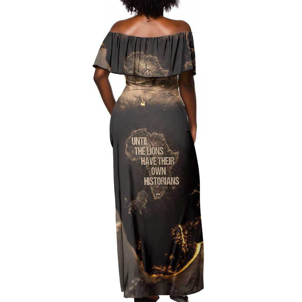 Chinua Achebe Off Shoulder Maxi Dress with Sepia Portrait, Lion Historians Quote and Vintage African Map - African Pride