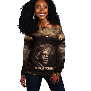 Chinua Achebe Off Shoulder Sweater with Sepia Portrait, Lion Historians Quote and Vintage African Map - African Pride