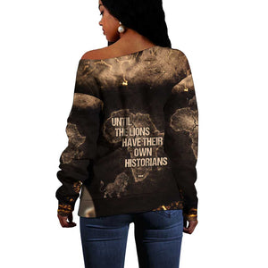 Chinua Achebe Off Shoulder Sweater with Sepia Portrait, Lion Historians Quote and Vintage African Map - African Pride