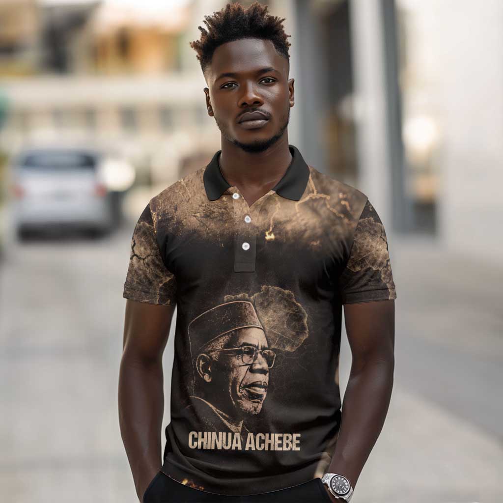 Chinua Achebe Polo Shirt with Sepia Portrait, Lion Historians Quote and Vintage African Map - African Pride
