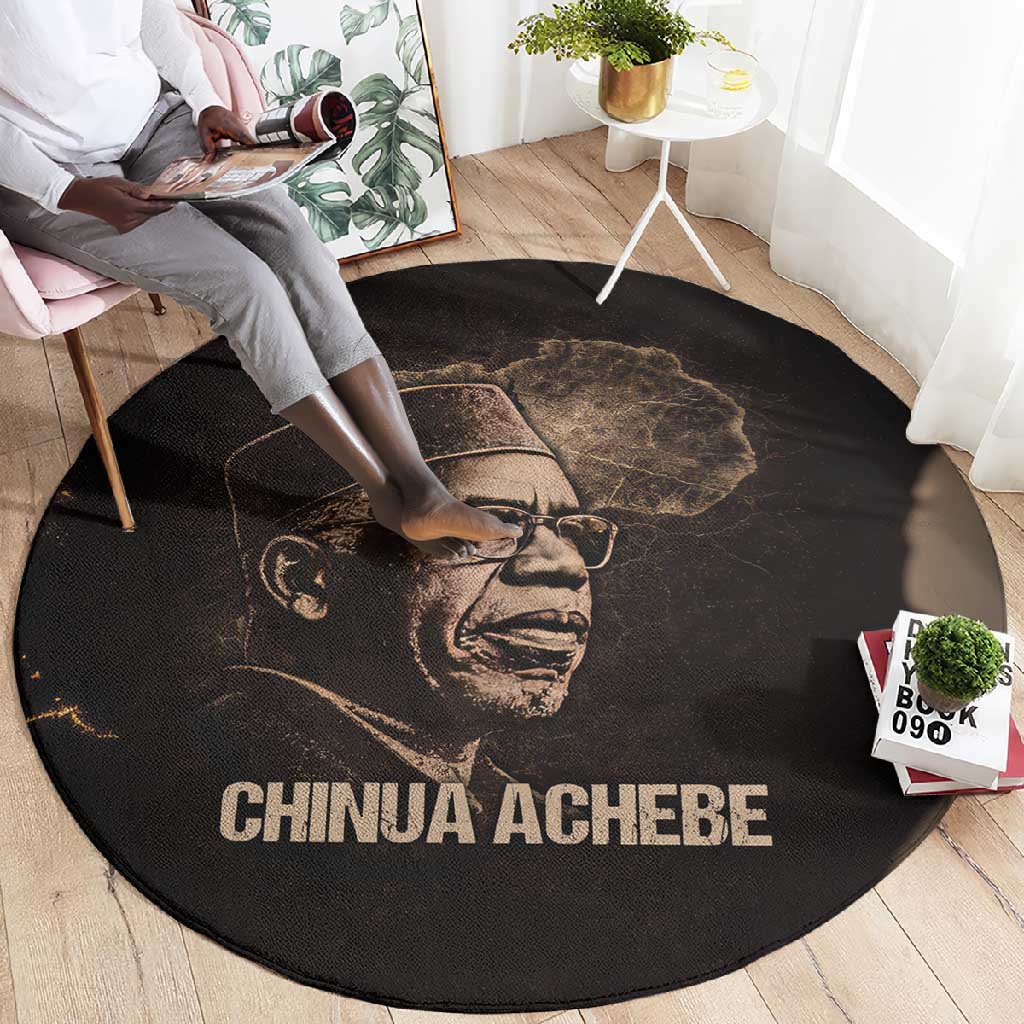 Chinua Achebe Round Carpet with Sepia Portrait, Lion Historians Quote and Vintage African Map - African Pride