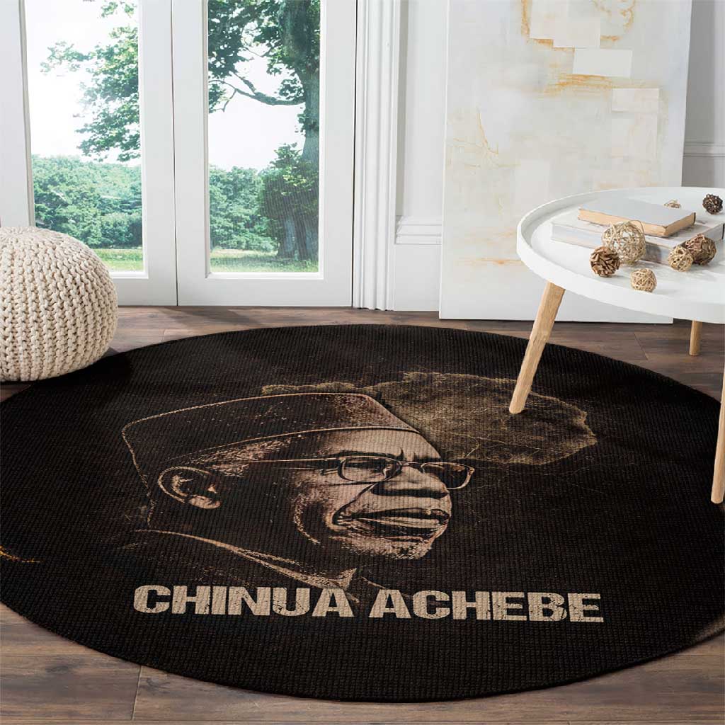 Chinua Achebe Round Carpet with Sepia Portrait, Lion Historians Quote and Vintage African Map - African Pride