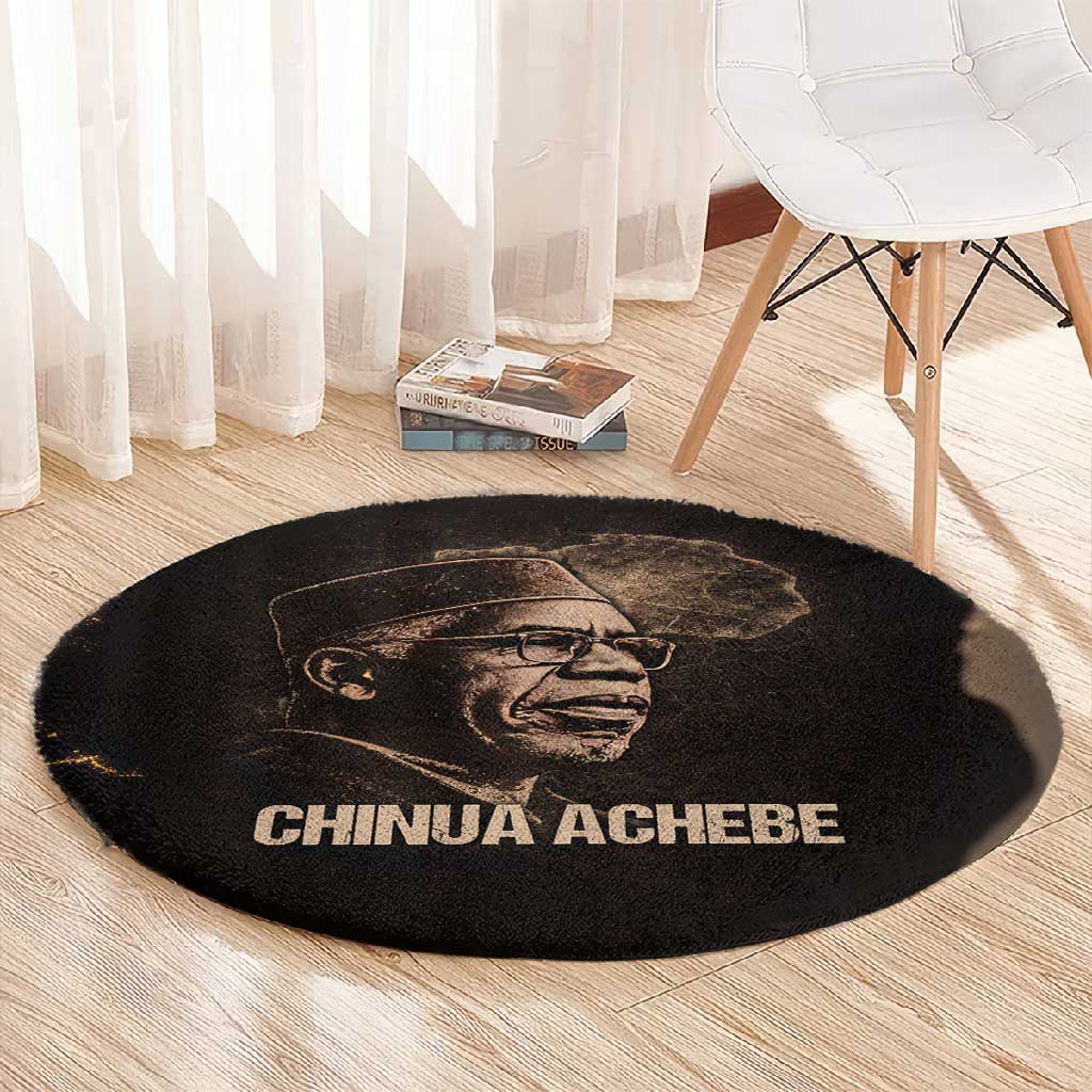 Chinua Achebe Round Carpet with Sepia Portrait, Lion Historians Quote and Vintage African Map - African Pride