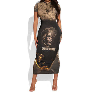 Chinua Achebe Short Sleeve Bodycon Dress with Sepia Portrait, Lion Historians Quote and Vintage African Map - African Pride
