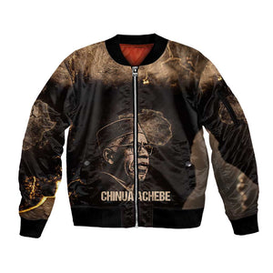Chinua Achebe Sleeve Zip Bomber Jacket with Sepia Portrait, Lion Historians Quote and Vintage African Map - African Pride
