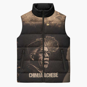 Chinua Achebe Sleeveless Puffer Jacket with Sepia Portrait, Lion Historians Quote and Vintage African Map - African Pride