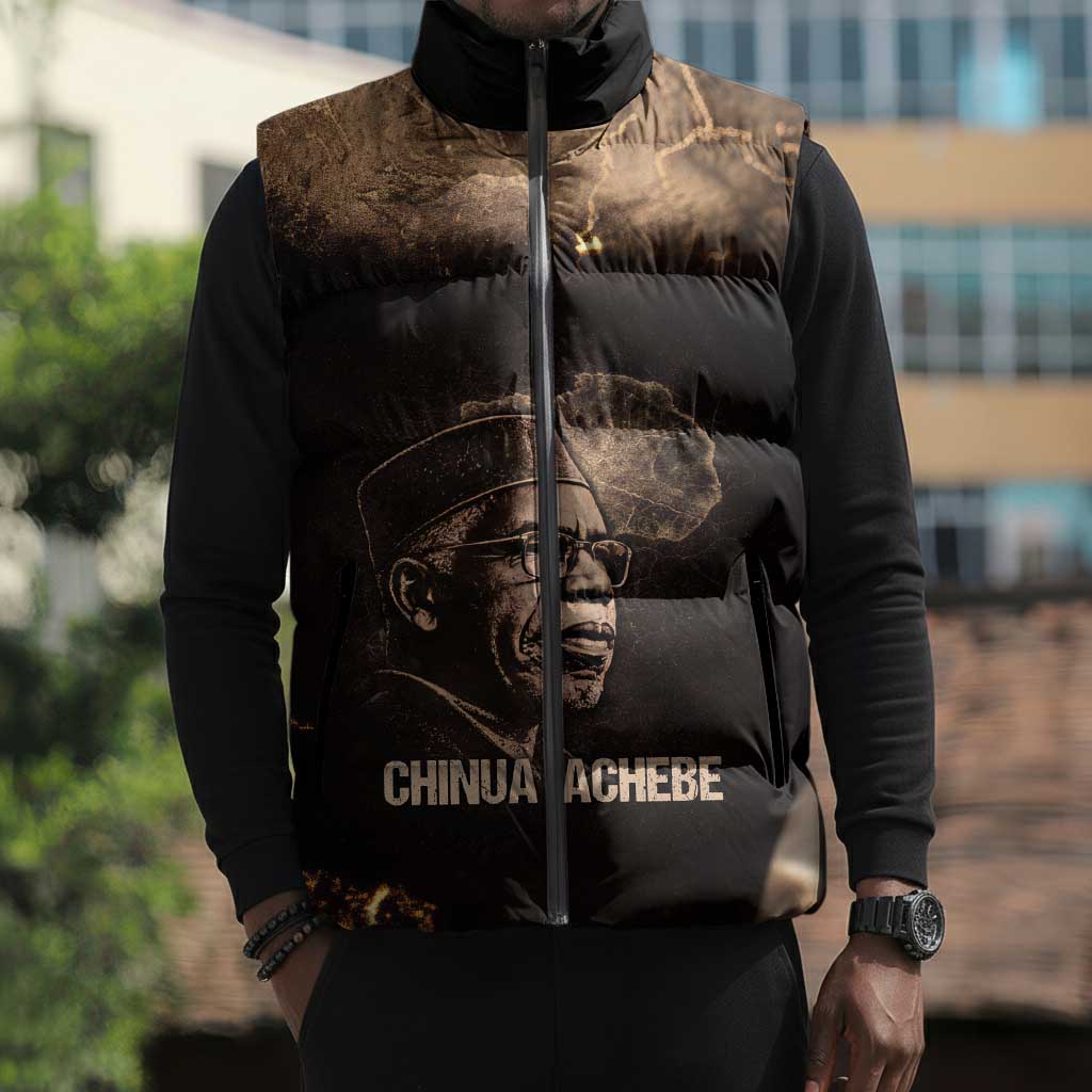Chinua Achebe Sleeveless Puffer Jacket with Sepia Portrait, Lion Historians Quote and Vintage African Map - African Pride