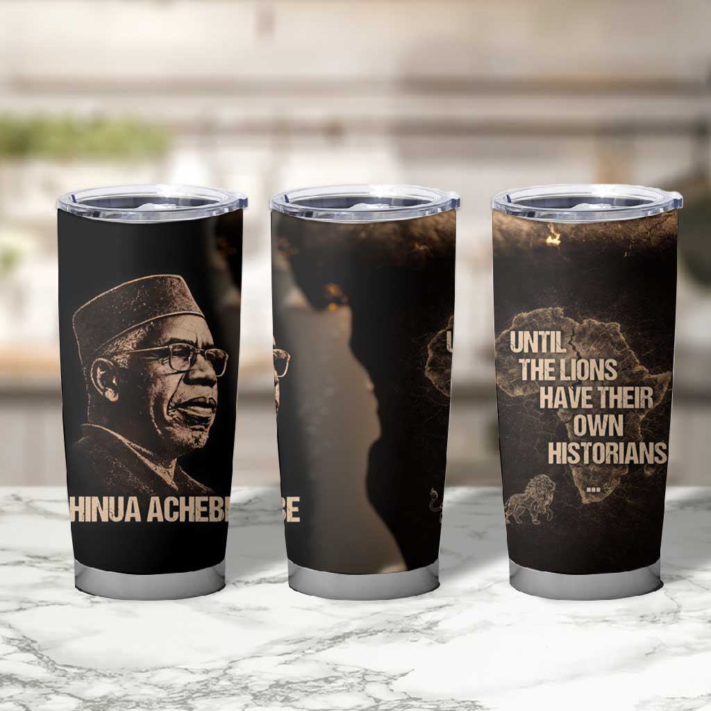 Chinua Achebe Tumbler Cup with Sepia Portrait, Lion Historians Quote and Vintage African Map - African Pride