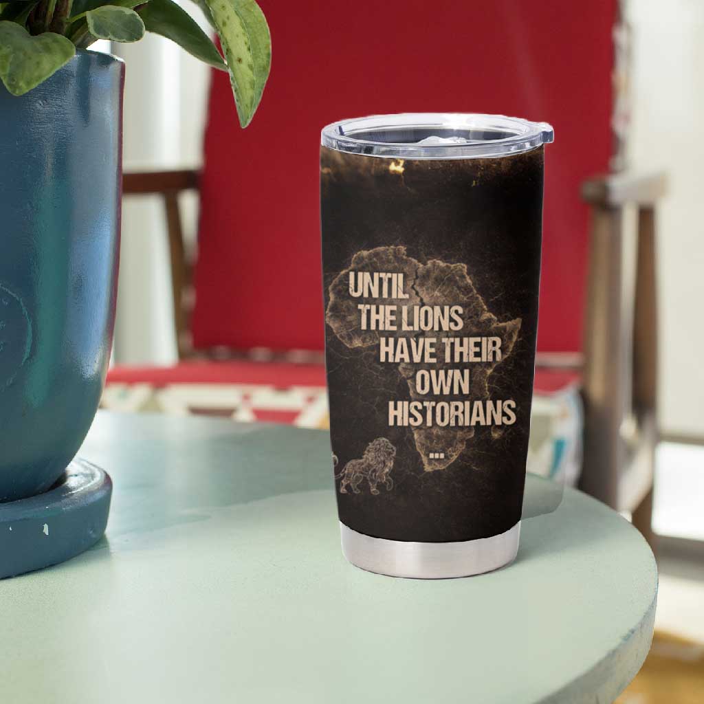 Chinua Achebe Tumbler Cup with Sepia Portrait, Lion Historians Quote and Vintage African Map - African Pride