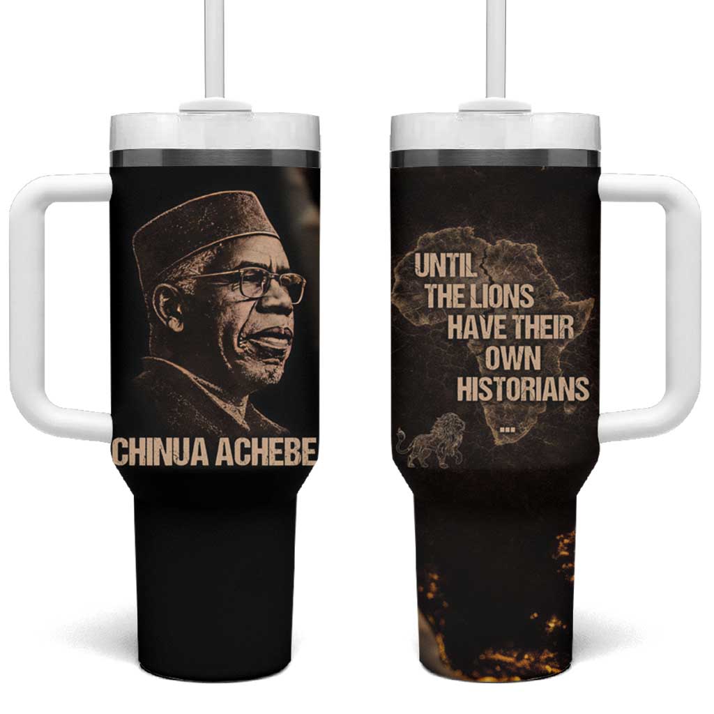 Chinua Achebe Tumbler With Handle with Sepia Portrait, Lion Historians Quote and Vintage African Map - African Pride