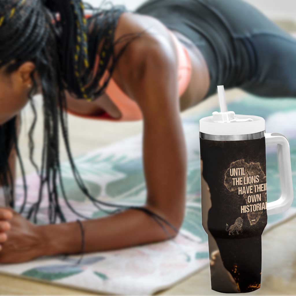 Chinua Achebe Tumbler With Handle with Sepia Portrait, Lion Historians Quote and Vintage African Map - African Pride