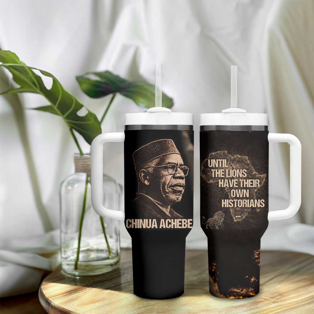 Chinua Achebe Tumbler With Handle with Sepia Portrait, Lion Historians Quote and Vintage African Map - African Pride