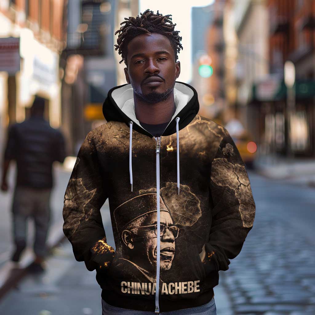 Chinua Achebe Zip Hoodie with Sepia Portrait, Lion Historians Quote and Vintage African Map - African Pride