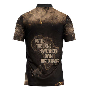 Chinua Achebe Zipper Polo Shirt with Sepia Portrait, Lion Historians Quote and Vintage African Map - African Pride