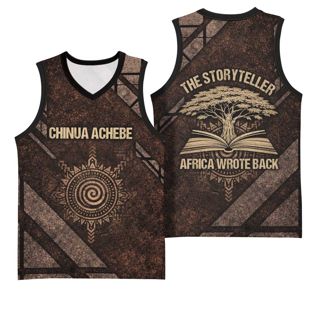 Chinua Achebe Basketball Jersey with Tribal Symbol Design, The Storyteller Quote and Africa Wrote Back - African Pride