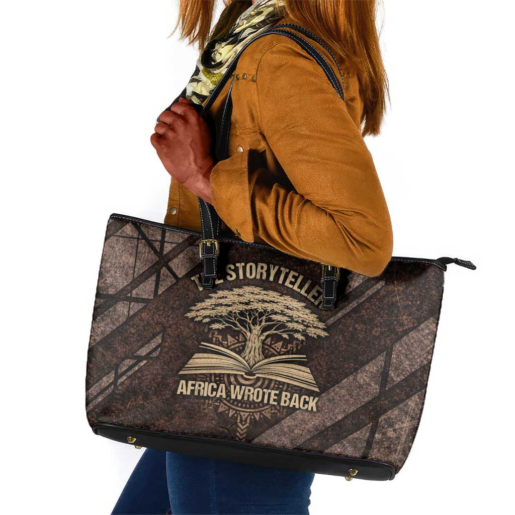 Chinua Achebe Leather Tote Bag with Tribal Symbol Design, The Storyteller Quote and Africa Wrote Back - African Pride