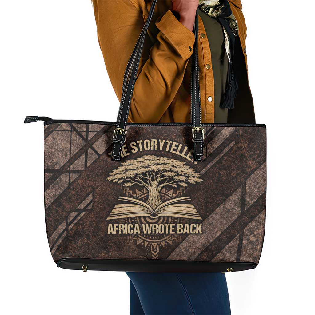 Chinua Achebe Leather Tote Bag with Tribal Symbol Design, The Storyteller Quote and Africa Wrote Back - African Pride