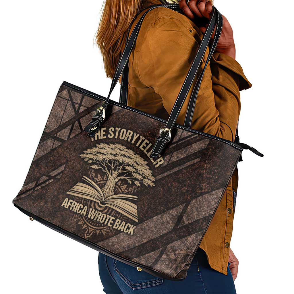 Chinua Achebe Leather Tote Bag with Tribal Symbol Design, The Storyteller Quote and Africa Wrote Back - African Pride