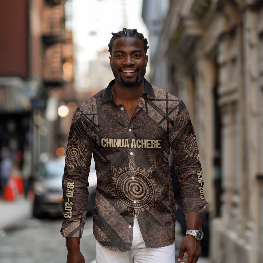 Chinua Achebe Long Sleeve Button Shirt with Tribal Symbol Design, The Storyteller Quote and Africa Wrote Back - African Pride