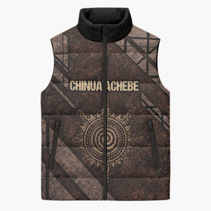 Chinua Achebe Sleeveless Puffer Jacket with Tribal Symbol Design, The Storyteller Quote and Africa Wrote Back - African Pride