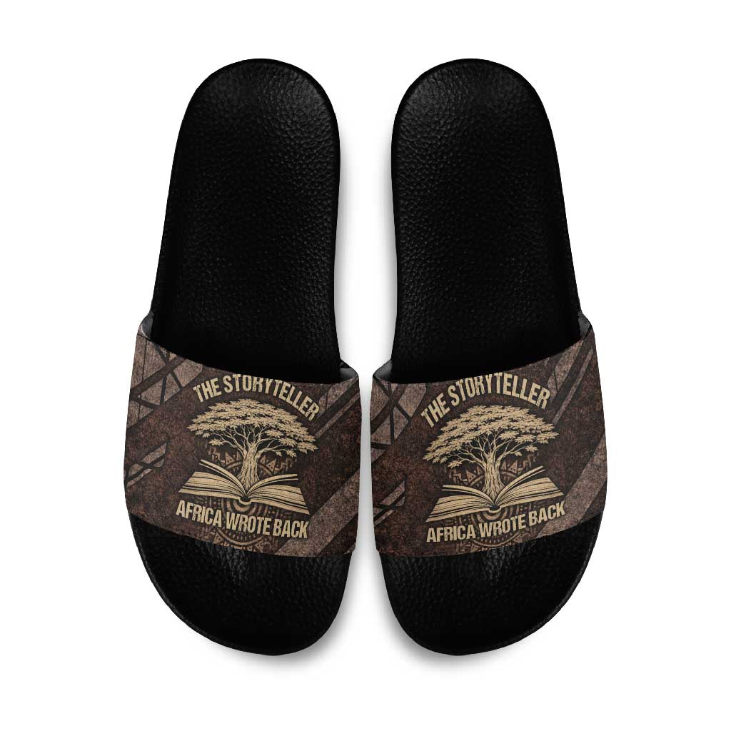 Chinua Achebe Slide Sandals with Tribal Symbol Design, The Storyteller Quote and Africa Wrote Back - African Pride