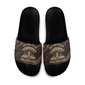 Chinua Achebe Slide Sandals with Tribal Symbol Design, The Storyteller Quote and Africa Wrote Back - African Pride