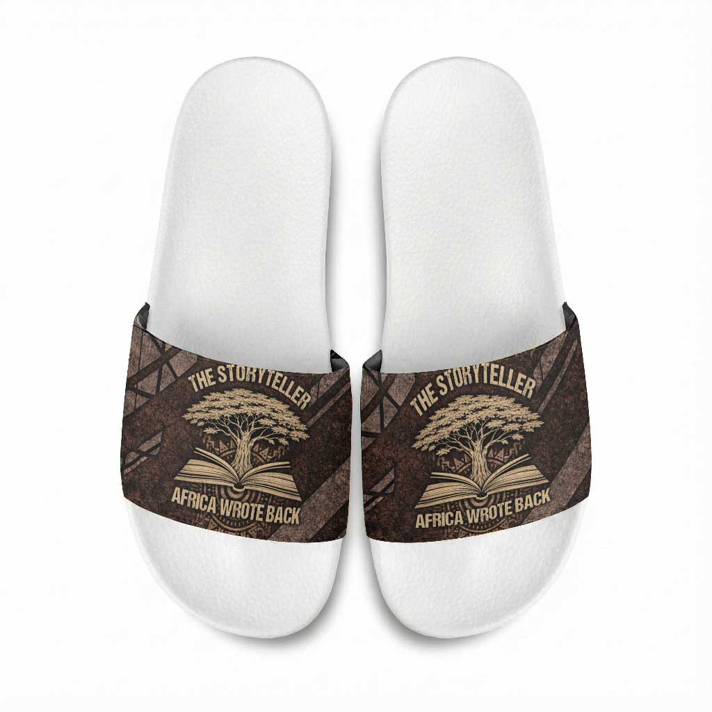 Chinua Achebe Slide Sandals with Tribal Symbol Design, The Storyteller Quote and Africa Wrote Back - African Pride