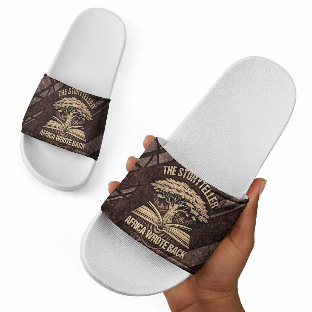 Chinua Achebe Slide Sandals with Tribal Symbol Design, The Storyteller Quote and Africa Wrote Back - African Pride