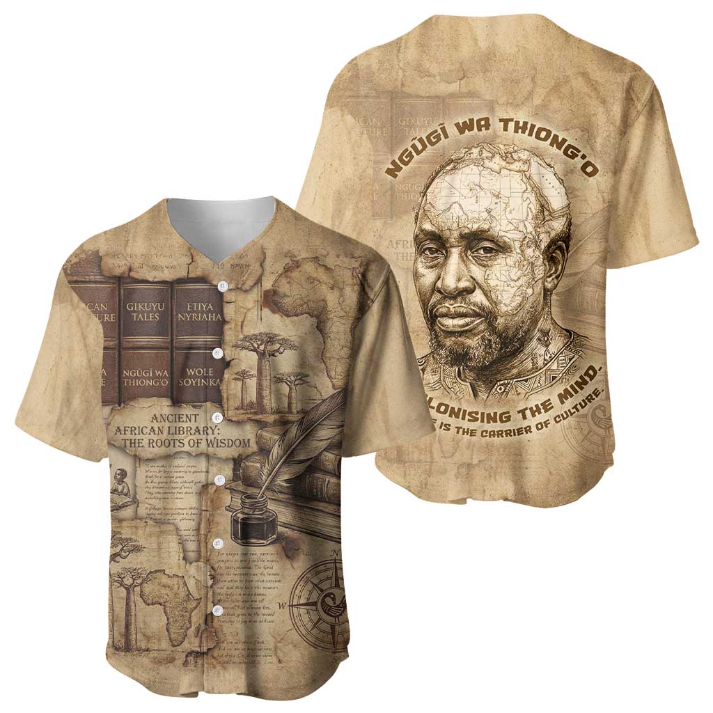 Ngugi wa Thiong O Baseball Jersey Vintage Map Ancient African Library - Decolonising the Mind - African Pride
