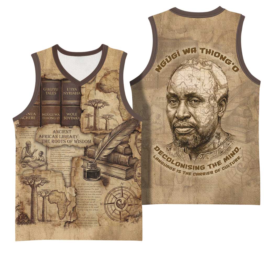 Ngugi wa Thiong O Basketball Jersey Vintage Map Ancient African Library - Decolonising the Mind - African Pride
