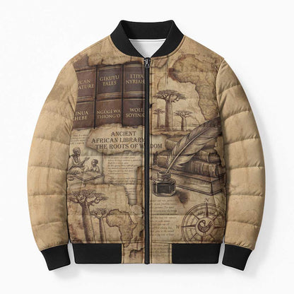 Ngugi wa Thiong O Bomber Puffer Jacket Vintage Map Ancient African Library - Decolonising the Mind - African Pride