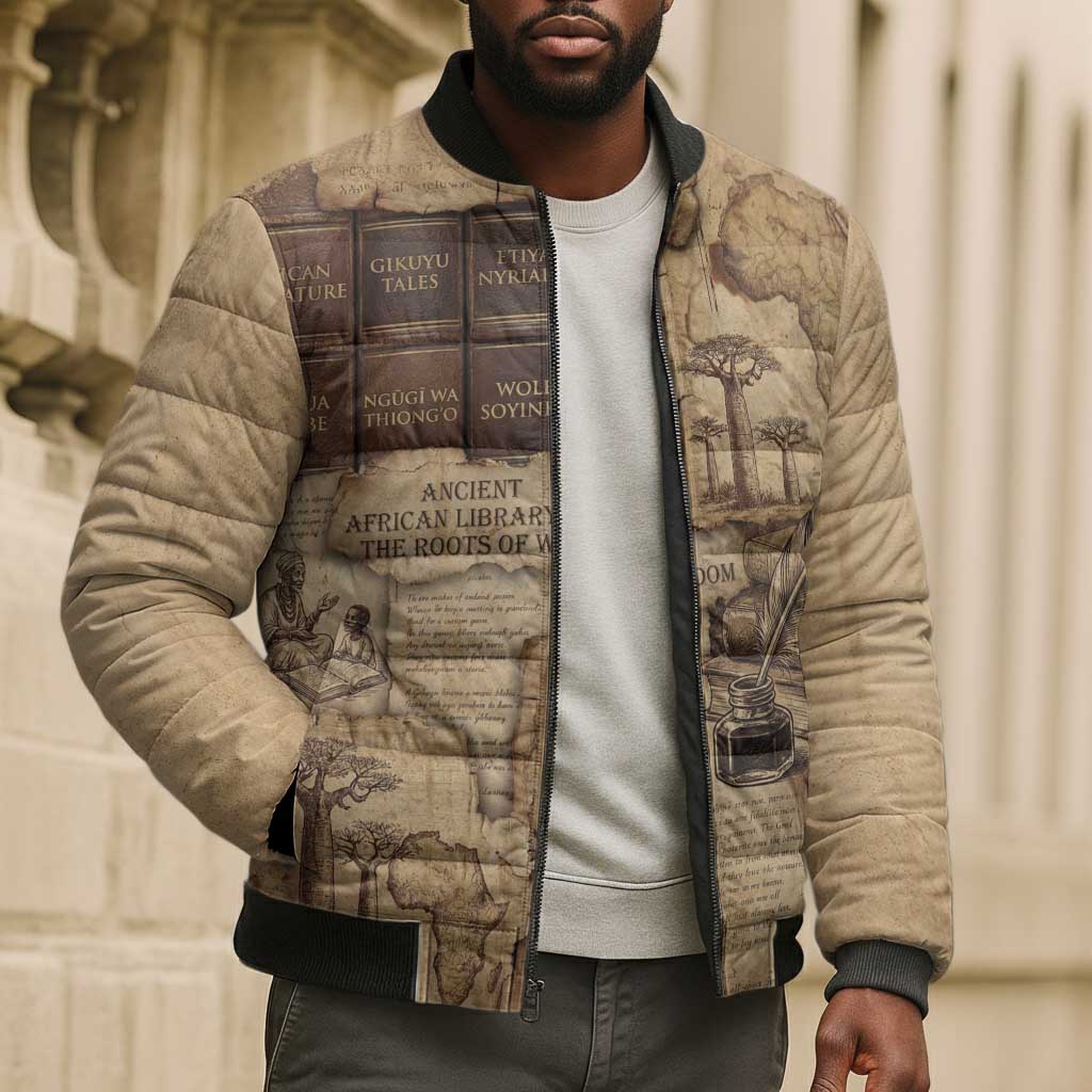Ngugi wa Thiong O Bomber Puffer Jacket Vintage Map Ancient African Library - Decolonising the Mind - African Pride