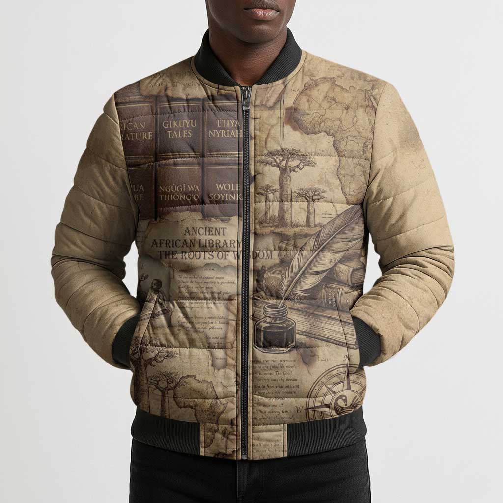 Ngugi wa Thiong O Bomber Puffer Jacket Vintage Map Ancient African Library - Decolonising the Mind - African Pride