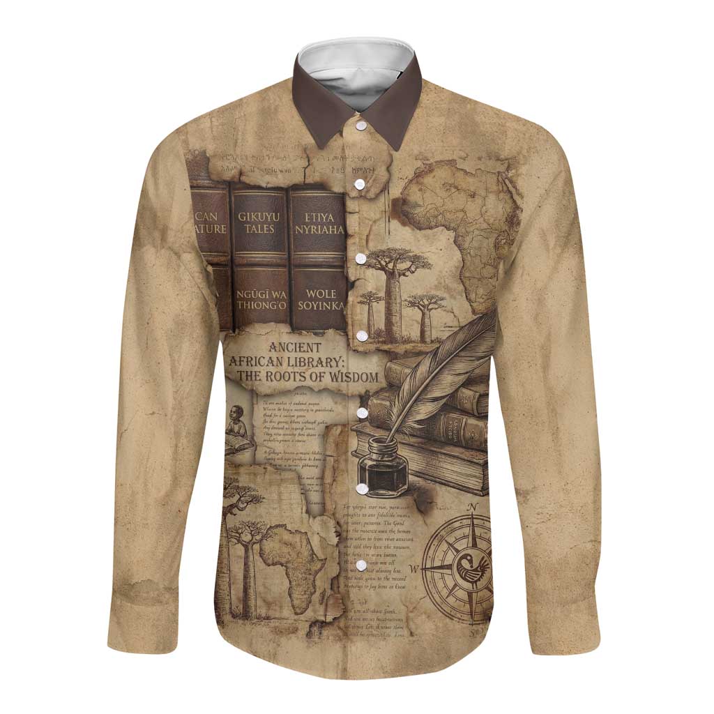 Ngugi wa Thiong O Long Sleeve Button Shirt Vintage Map Ancient African Library - Decolonising the Mind - African Pride