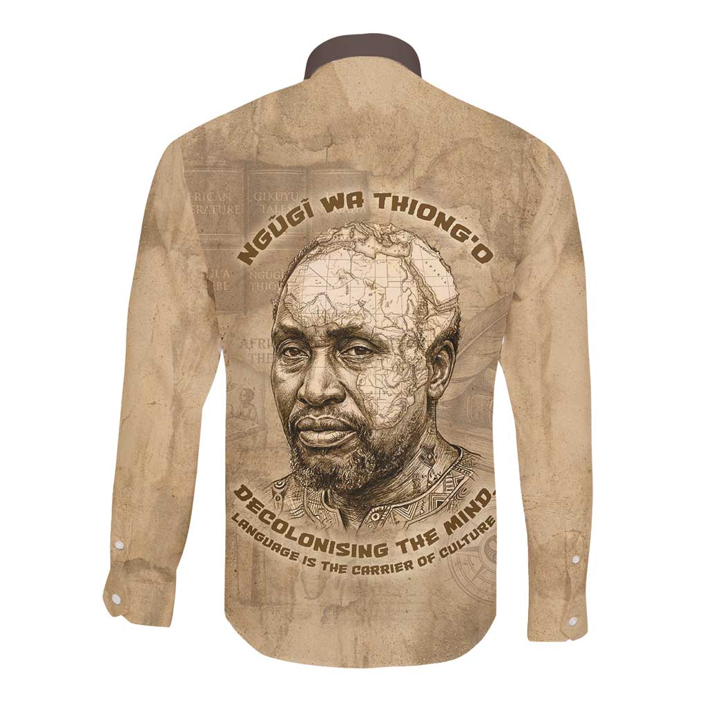 Ngugi wa Thiong O Long Sleeve Button Shirt Vintage Map Ancient African Library - Decolonising the Mind - African Pride