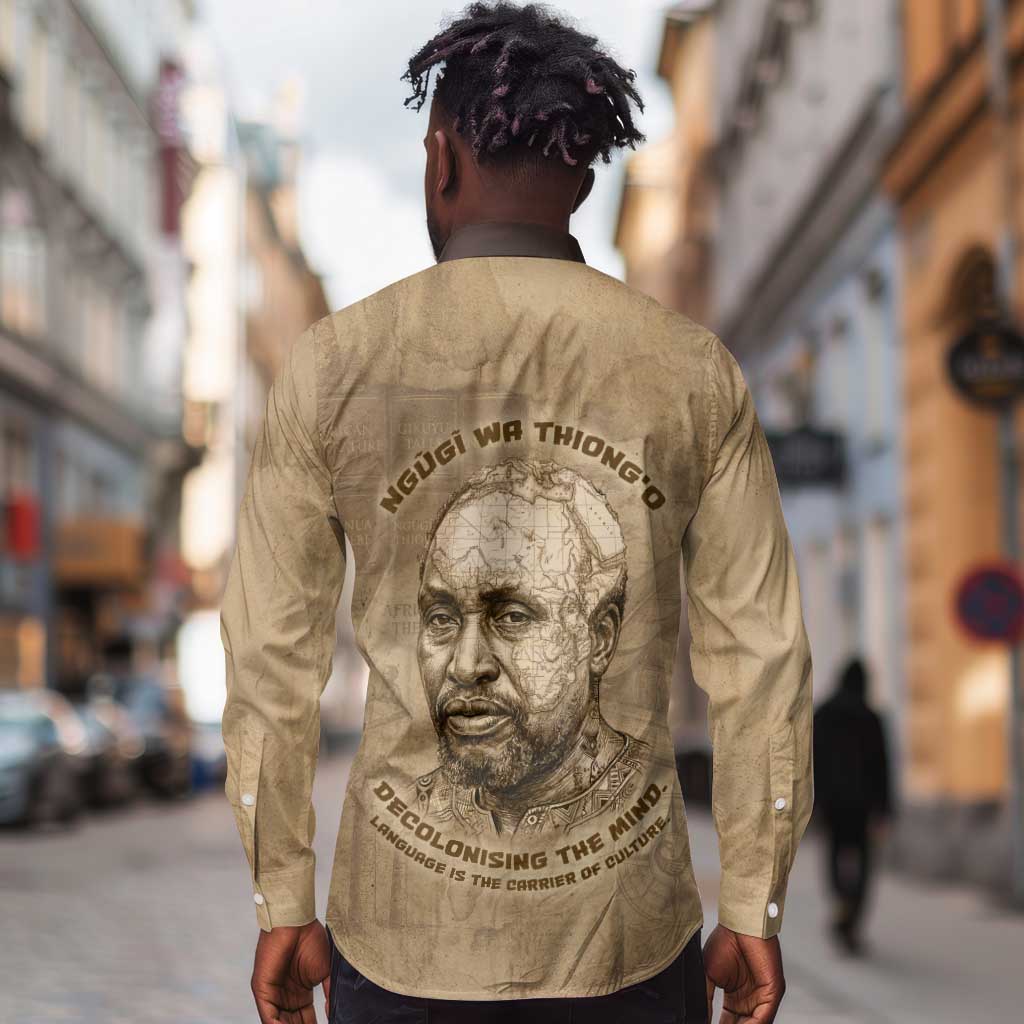 Ngugi wa Thiong O Long Sleeve Button Shirt Vintage Map Ancient African Library - Decolonising the Mind - African Pride