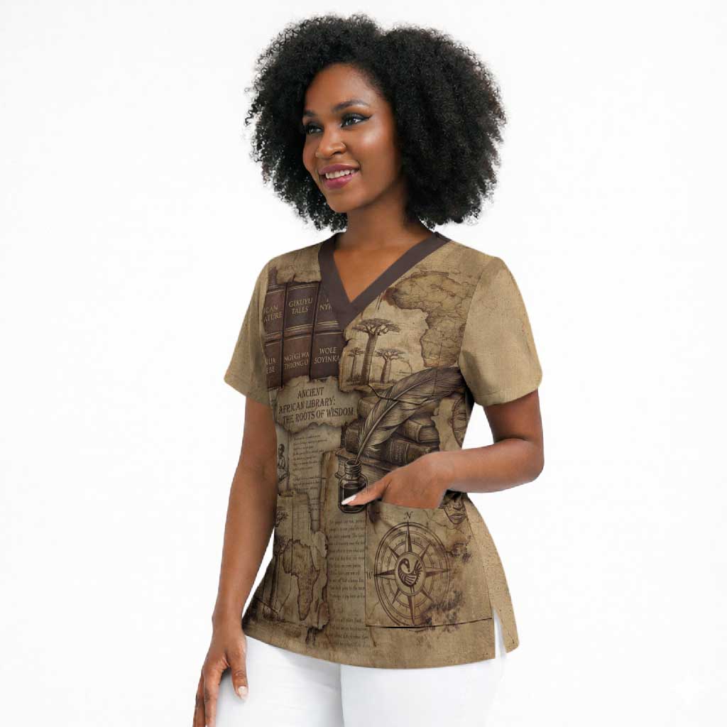 Ngugi wa Thiong O Scrub Top Vintage Map Ancient African Library - Decolonising the Mind - African Pride