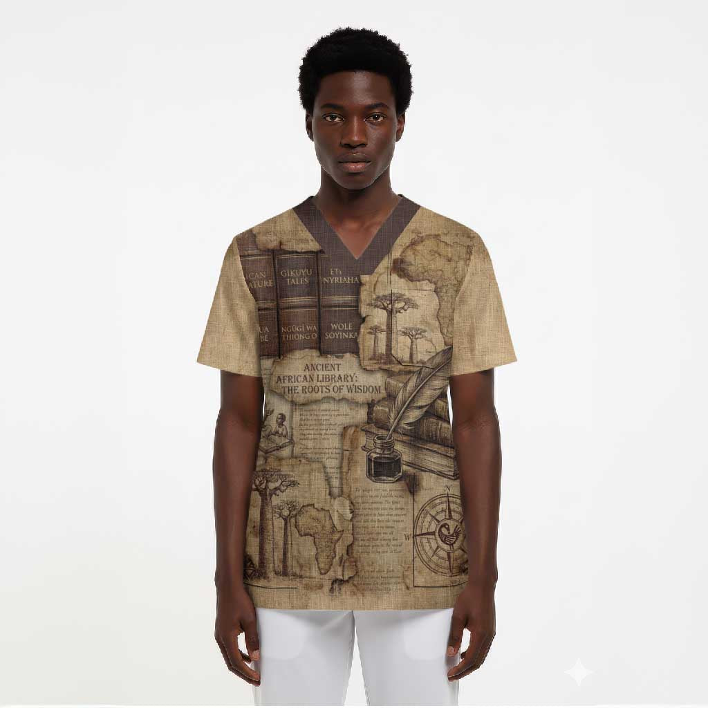 Ngugi wa Thiong O Scrub Top Vintage Map Ancient African Library - Decolonising the Mind - African Pride