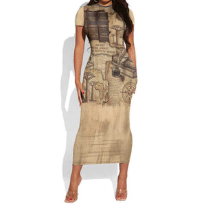 Ngugi wa Thiong O Short Sleeve Bodycon Dress Vintage Map Ancient African Library - Decolonising the Mind - African Pride