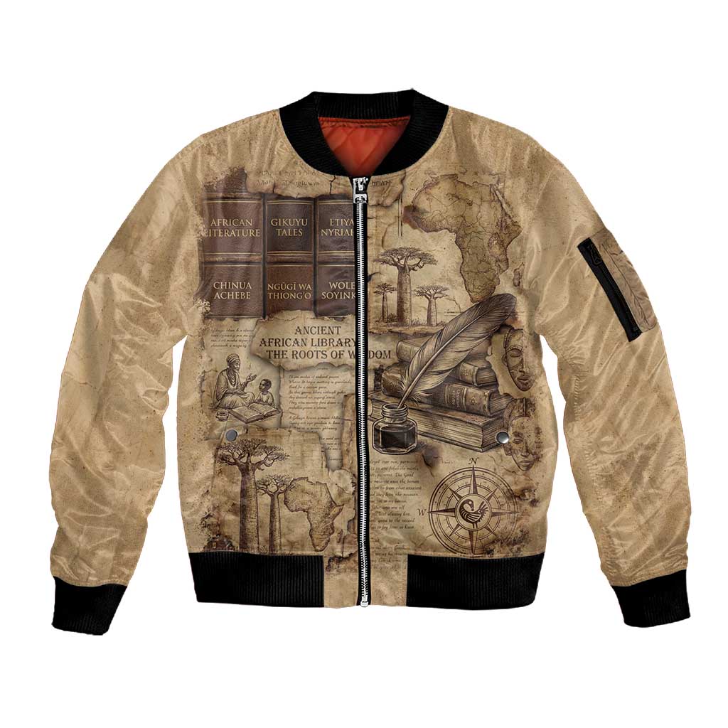 Ngugi wa Thiong O Sleeve Zip Bomber Jacket Vintage Map Ancient African Library - Decolonising the Mind - African Pride