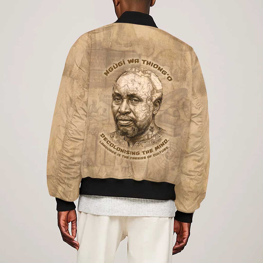 Ngugi wa Thiong O Sleeve Zip Bomber Jacket Vintage Map Ancient African Library - Decolonising the Mind - African Pride