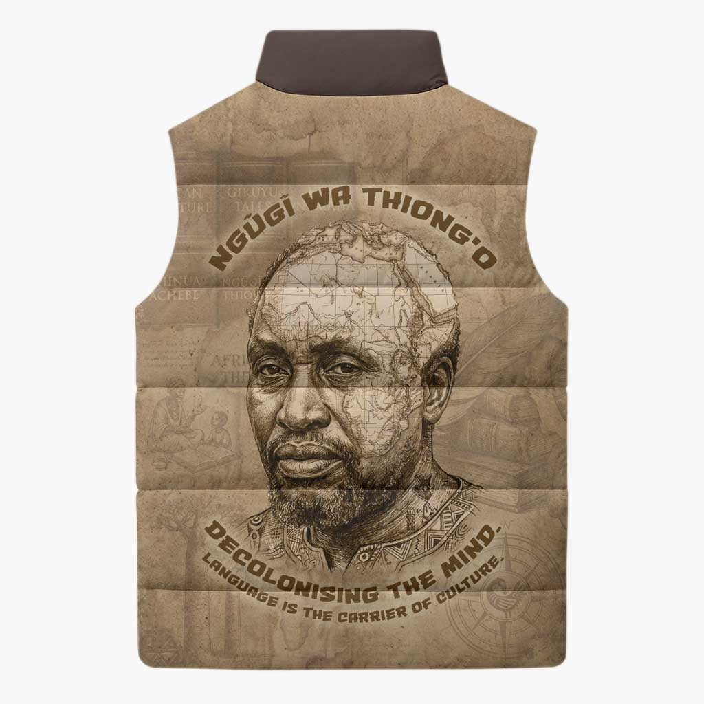 Ngugi wa Thiong O Sleeveless Puffer Jacket Vintage Map Ancient African Library - Decolonising the Mind - African Pride