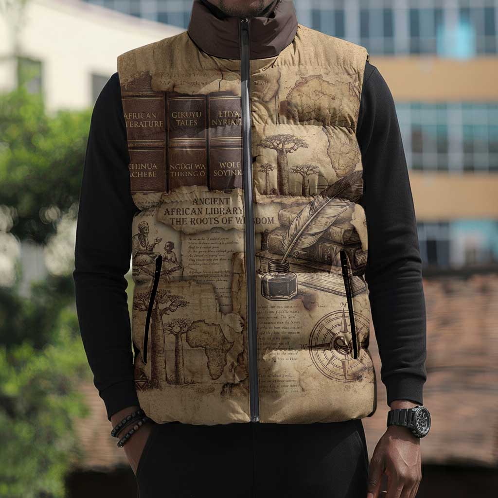 Ngugi wa Thiong O Sleeveless Puffer Jacket Vintage Map Ancient African Library - Decolonising the Mind - African Pride