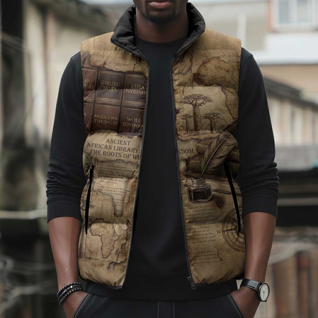 Ngugi wa Thiong O Sleeveless Puffer Jacket Vintage Map Ancient African Library - Decolonising the Mind - African Pride
