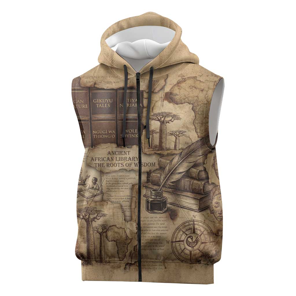 Ngugi wa Thiong O Sleeveless Zip Hoodie Vintage Map Ancient African Library - Decolonising the Mind - African Pride