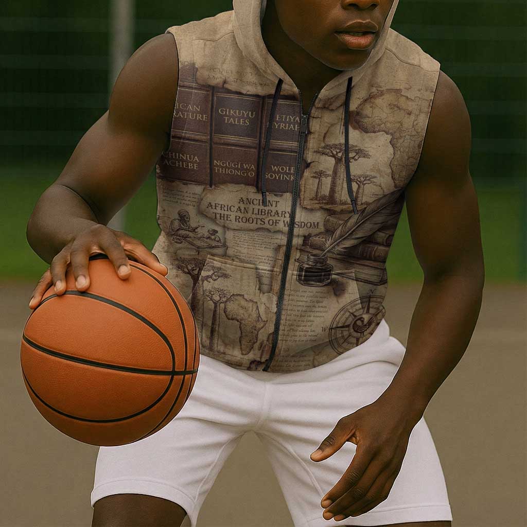Ngugi wa Thiong O Sleeveless Zip Hoodie Vintage Map Ancient African Library - Decolonising the Mind - African Pride