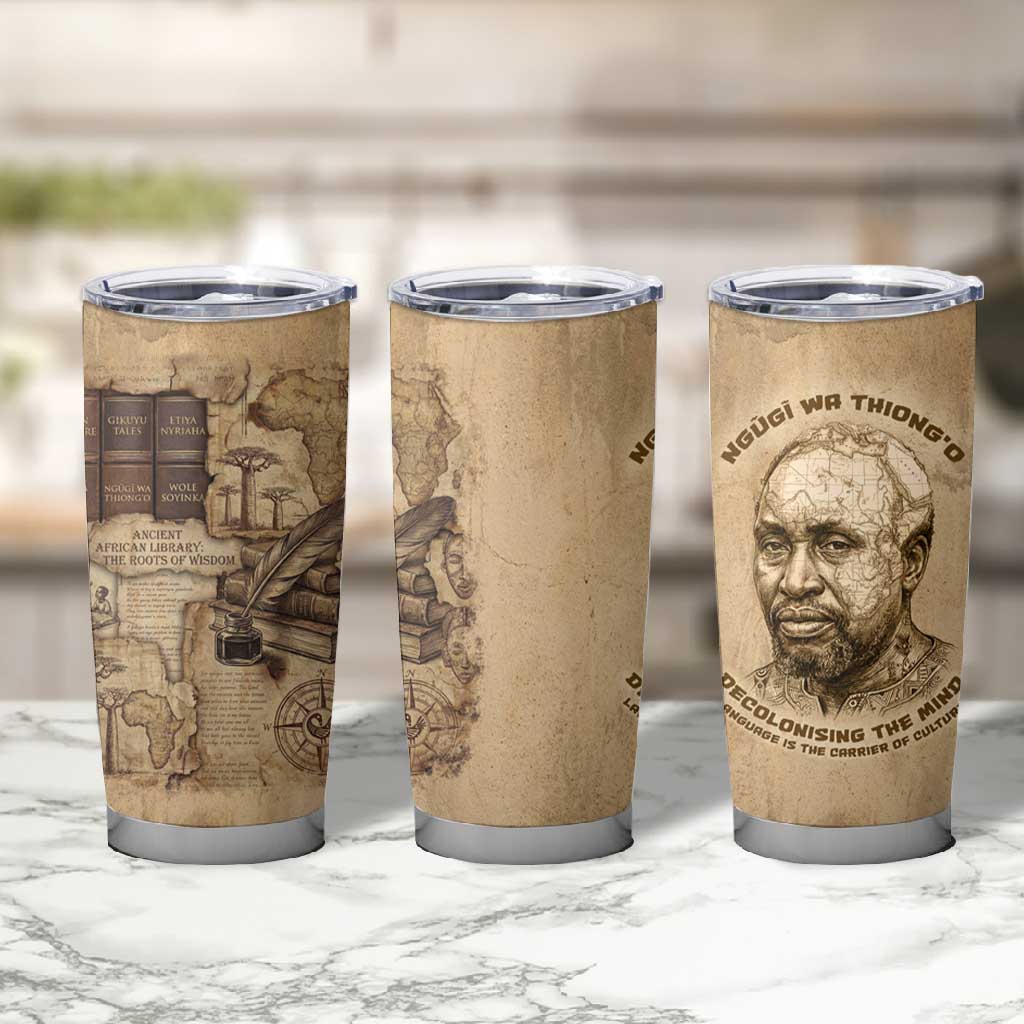 Ngugi wa Thiong O Tumbler Cup Vintage Map Ancient African Library - Decolonising the Mind - African Pride