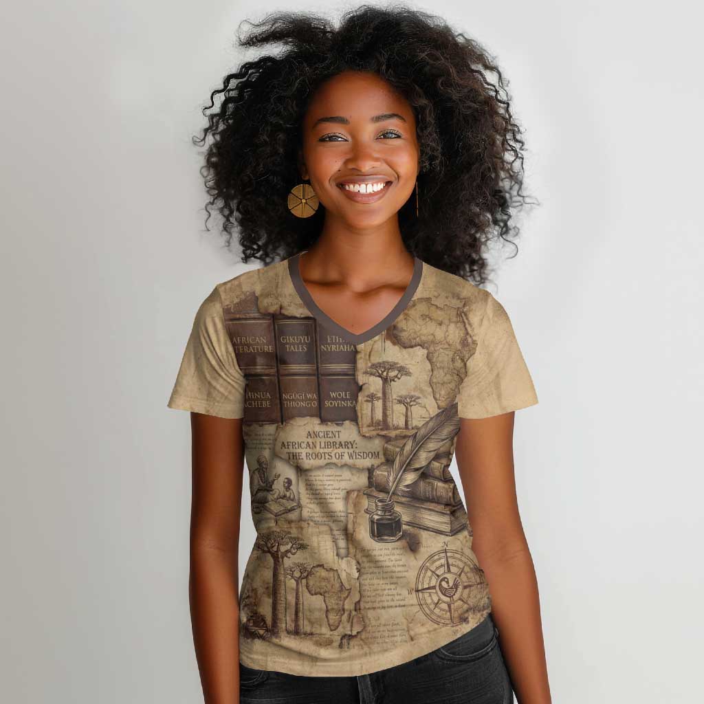Ngugi wa Thiong O Women V-Neck T-Shirt Vintage Map Ancient African Library - Decolonising the Mind - African Pride